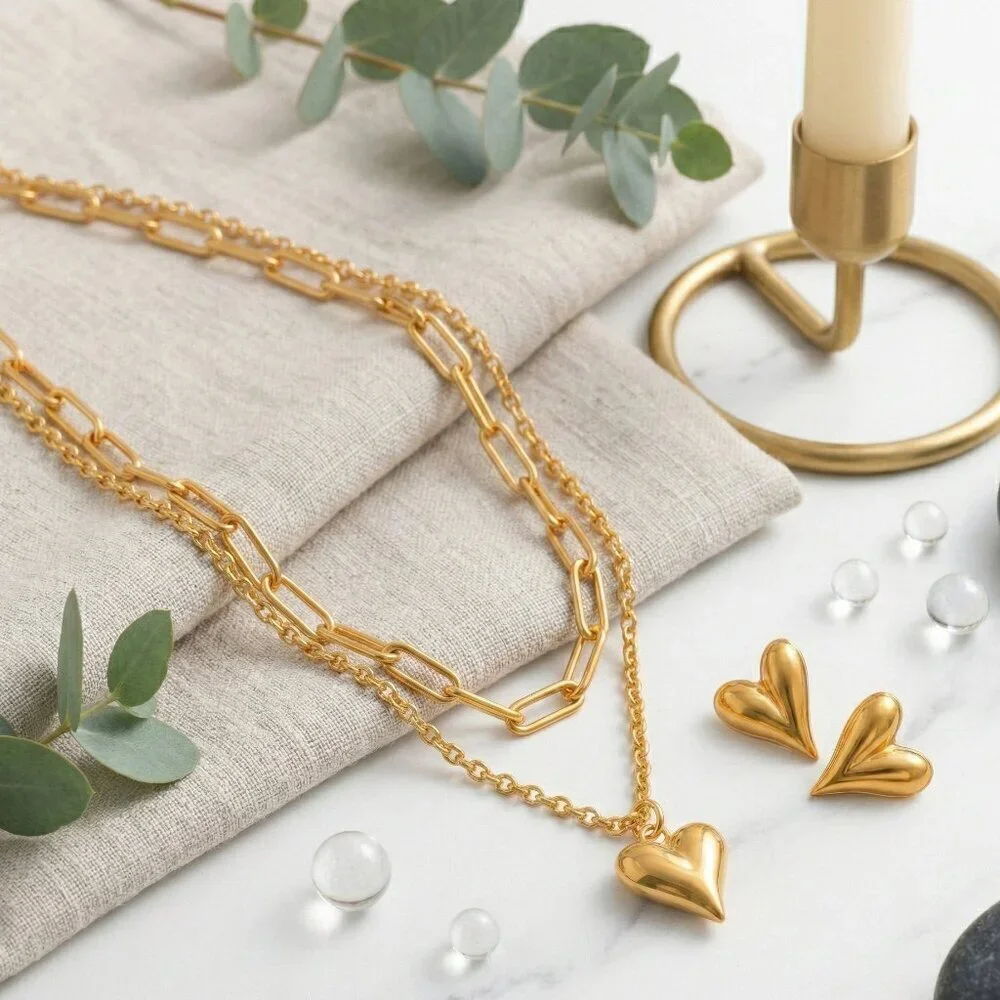18k Gold Plated SS Puffy Heart Layered Necklace and Stud Earring Set Gold